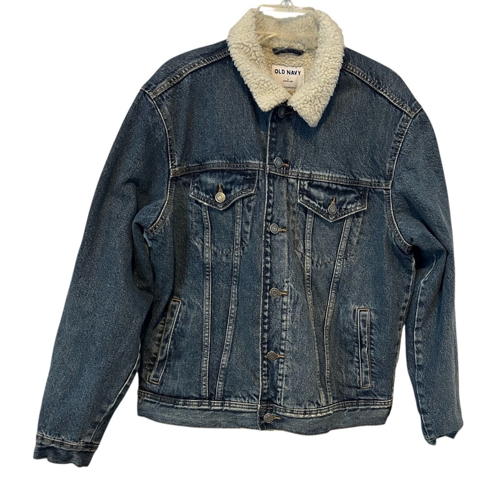 Old Navy Men’s Sherpa Lined Denim Jacket L Blue Trucker Jean Coat